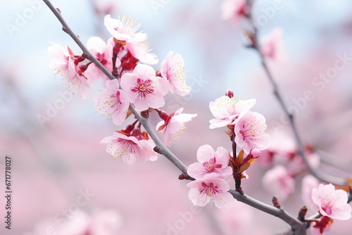 Delicate pink plum blossoms in full bloom. Generative AI