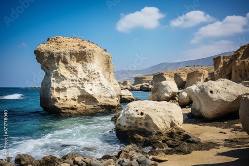 Cyprus coast features big rocks throughout the day. Generative AI