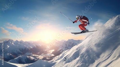 An athlete skier is jumping from high mountain with snow out. AI generated image
