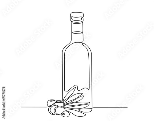 Olive oil in continuous line art drawing style. Glass bottle jug and olive tree branch with fruits and leaves minimalist black linear sketch isolated on white background. Vector illustration