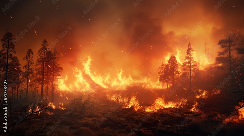 Wildfire burning tree in the forest at night. AI generated image Wildfire burning tree in the forest at night. AI generated image