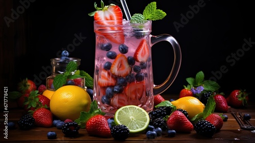 Summer refreshing cold cocktail drink fruit berries, raspberry lemonade. AI generated