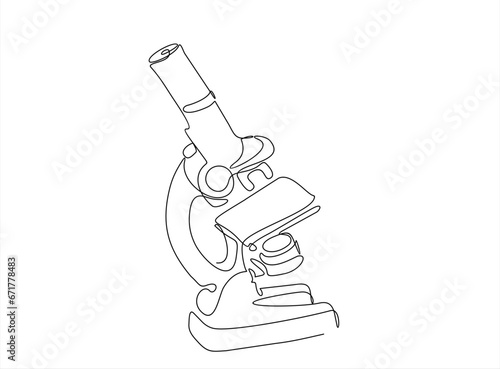 Continuous one line drawing of microscope laboratory. Microscope line art vector illustration. Research and science , microbiology concept. Editable stroke.