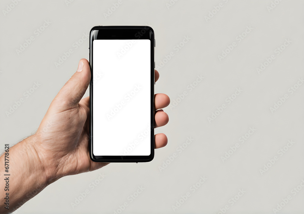 Hand holding smart phone with blank screen finger clicking on blank isolated on white background. Generative Ai Hand holding smart phone with blank screen finger clicking on blank isolated on white background. Generative Ai
