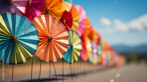 Colorful traditional kites of various shapes and sizes displayed against a backdrop of a bright sunny day