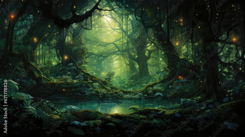  a painting of a forest scene with a pond and fireflies in the middle of the forest, surrounded by mossy trees.  generative ai