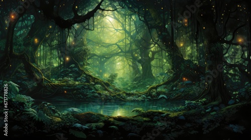  a painting of a forest scene with a pond and fireflies in the middle of the forest  surrounded by mossy trees.  generative ai