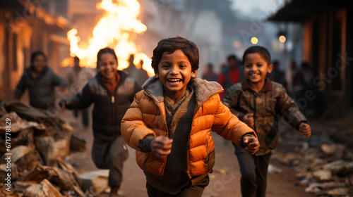 Children running with joy as they chase after falling kites, their faces lit up with excitement during Makar Sankranti