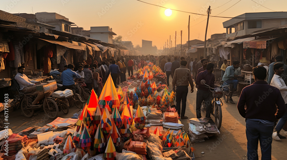 A colorful kite stall at a Makar Sankranti fair, showcasing a wide variety of kites and accessories for sale