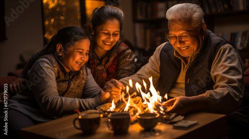 An elderly couple sharing stories and wisdom with the younger generation, passing on Makar Sankranti traditions