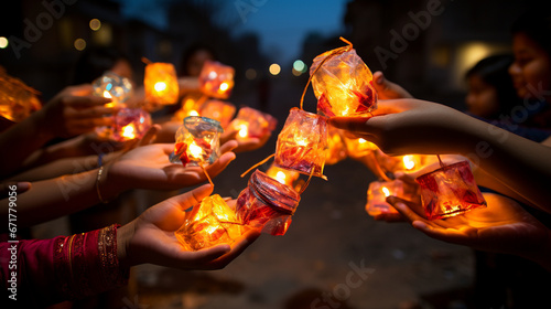 A group of friends releasing colorful lanterns into the night sky, a mesmerizing part of Makar Sankranti celebrations