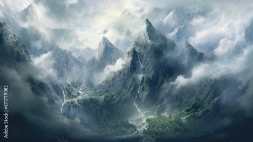  a painting of a mountain range with a river in the foreground and trees in the foreground and clouds in the background. generative ai