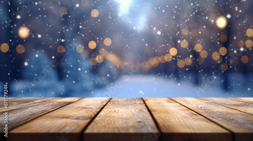 Wooden empty table top on blurred background of winter and christmas trees