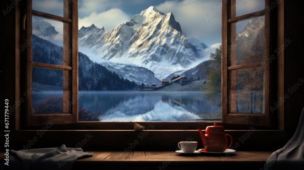 Fototapeta premium a window with a view of a mountain range and a lake with a red teapot on a saucer. generative ai