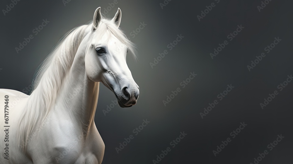 Obraz premium a white horse standing in front of a dark background with its head turned to the side and it's head turned to the side. generative ai