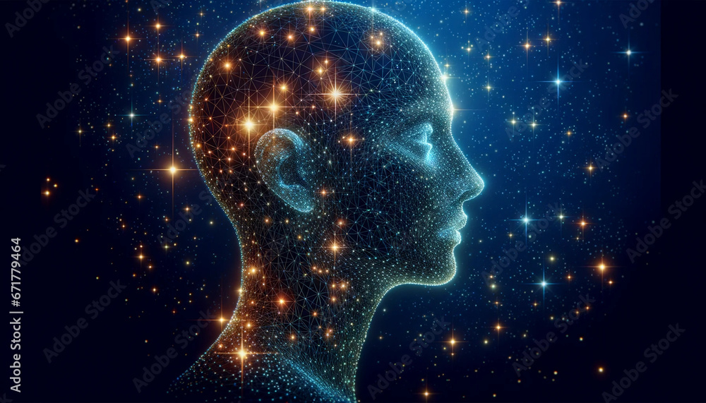 digital mesh human profile illuminated by sparkling lights on a starry deep blue background digital mesh human profile illuminated by sparkling lights on a starry deep blue background