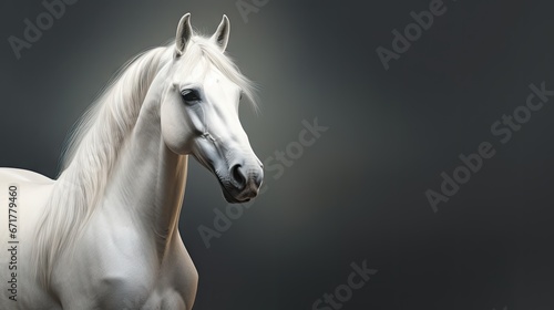  a white horse standing in front of a dark background with its head turned to the side and it's head turned to the side. generative ai