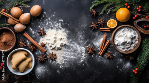 Festive preparation of homemade gingerbread cookies, surrounded by an array of aromatic spices and baking ingredients on a rustic tabletop.