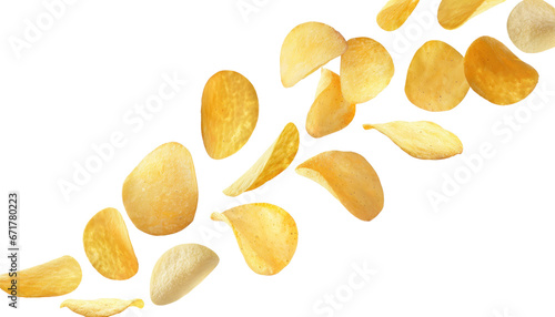 Flying ripple potato chips. potato fry isolated on transparent background, clipping path, full depth of field