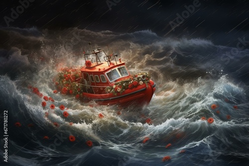 Intense sea rescue during a storm, with a red lifebuoy floating. Rescuers honor the missing people with flowers. Generative AI