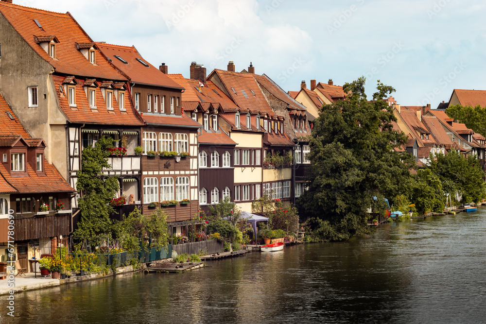 Buildings of Little Venice (Klein Venedig) in Bamberg, Germany. The half timbered houses are a tourist attraction. Old town architecture next to the Regnitz river.
