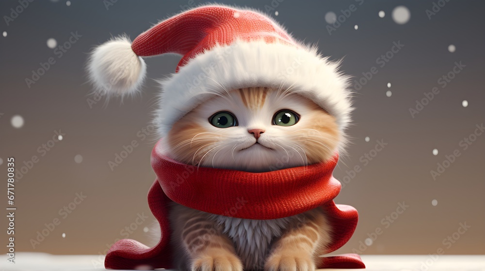 Adorable Kitten Dressed in Christmas Outfit Against Snowy Background Adorable Kitten Dressed in Christmas Outfit Against Snowy Background