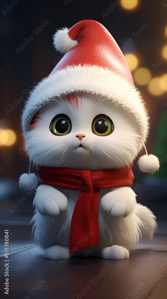 Adorable Kitten Dressed in Christmas Outfit Against Snowy Background Adorable Kitten Dressed in Christmas Outfit Against Snowy Background