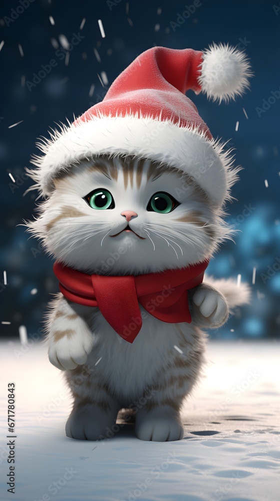 Adorable Kitten Dressed in Christmas Outfit Against Snowy Background Adorable Kitten Dressed in Christmas Outfit Against Snowy Background
