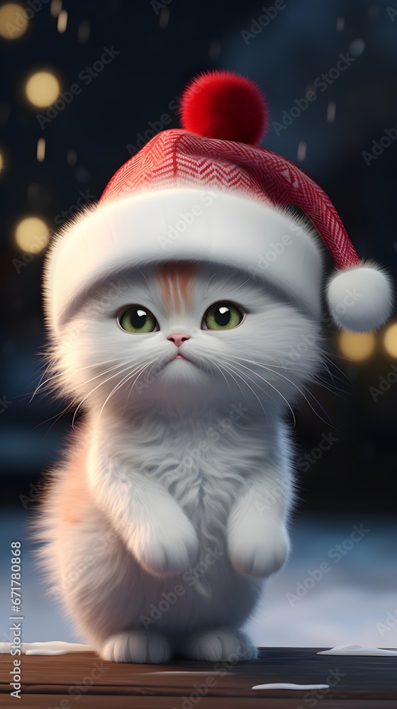 Adorable Kitten Dressed in Christmas Outfit Against Snowy Background