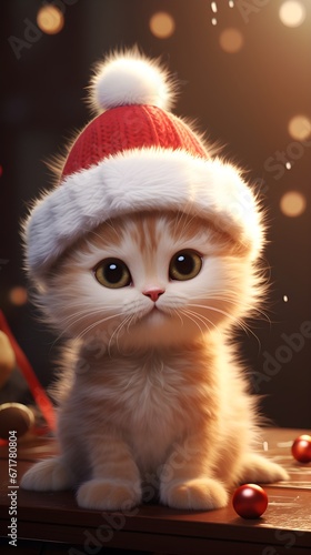 Adorable Kitten Dressed in Christmas Outfit Against Snowy Background