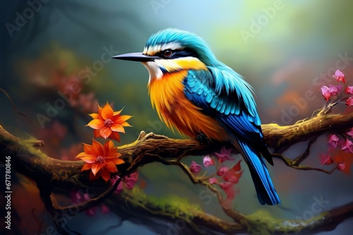 Glorious bird resting on branch. Generative AI © Thalia