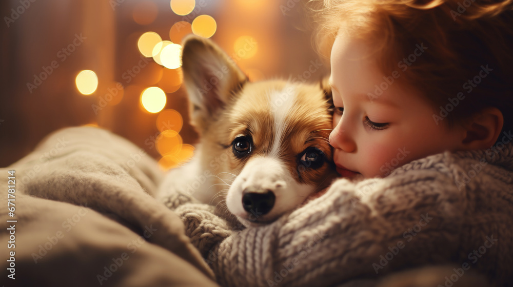 .A cute girl in a knitted sweater hugs a little puppy. against the background of Christmas lights. Friendship between children and animals. Christmas coziness concept, hygge.. .A cute girl in a knitted sweater hugs a little puppy. against the background of Christmas lights. Friendship between children and animals. Christmas coziness concept, hygge..