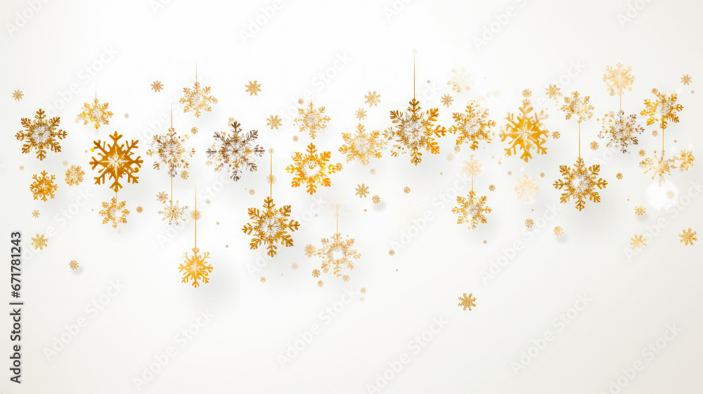 Golden snowflakes on white background. Flat lay, top view