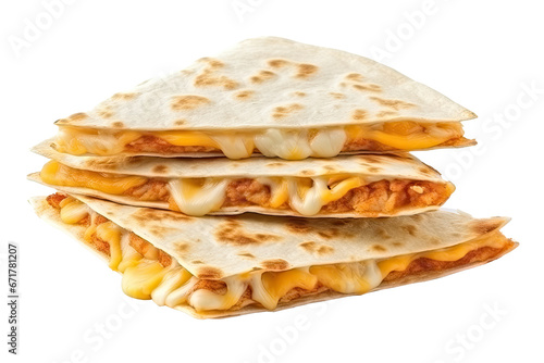 Mexican tasty cheese quesadilla, tortilla special dish , stalk of spicy lunch, isolated on a transparent background. PNG, cutout, or clipping path	
