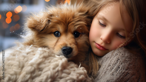 .A cute girl in a knitted sweater hugs a little puppy. against the background of Christmas lights. Friendship between children and animals. Christmas coziness concept, hygge..