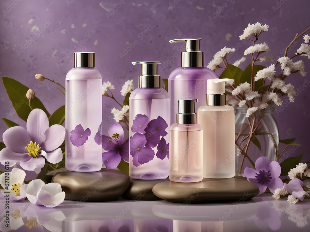 spa still life with violet flowers. soap, cream and shampoo bottles spa still life with violet flowers. soap, cream and shampoo bottles
