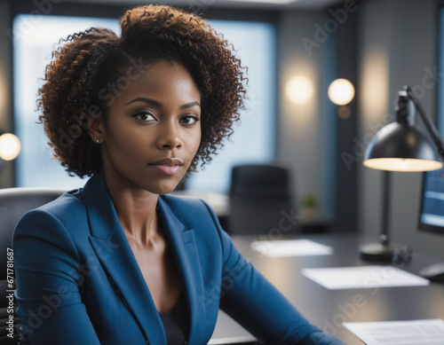 black woman entrepreneur sitting in the office at her desc in a business suit working illustration.