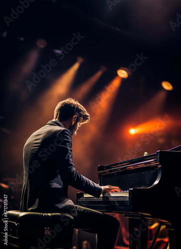 Piano man or man playing a piano on a stage with spotlights and smoke. Shallow field of view.