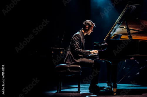 Piano man or man playing a piano on a stage with spotlights and smoke. Shallow field of view.