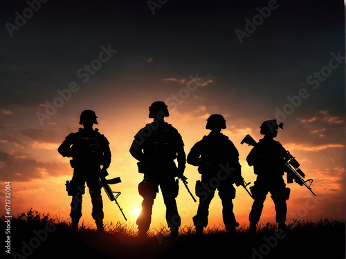 Silhouettes of Soldiers in the Sunset Sky: Military Hostilities. generative AI