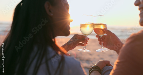 Obraz na plátně Sunshine, beach and couple with wine, toast and anniversary with happiness, marriage or vacation