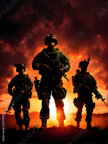Silhouettes of Soldiers in the Sunset Sky: Military Hostilities. generative AI