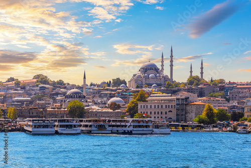 Ships in the Bosphorus by beautiful Suleymaniye Mosque of Istanbul, Turkey