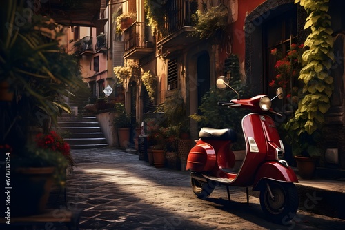 A vintage Vespa scooter navigating a charming Italian alleyway.