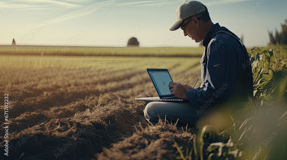 male agronomist working in a sunlit field, actively engaged in checking crops, using agricultural equipment male agronomist working in a sunlit field, actively engaged in checking crops, using agricultural equipment