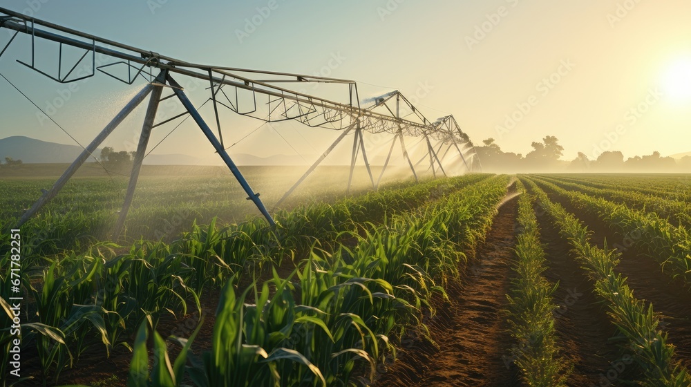 industrial irrigation of a huge corn field, a complex system of pipes, pumps and sprinklers distributing water - obrazy, fototapety, plakaty 