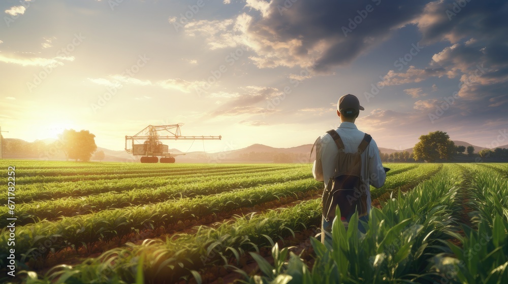 Fototapeta premium male agronomist working in a sunlit field, actively engaged in checking crops, using agricultural equipment