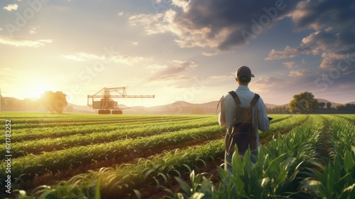male agronomist working in a sunlit field, actively engaged in checking crops, using agricultural equipment