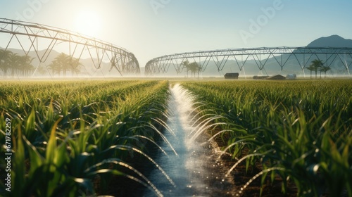 industrial irrigation of a huge corn field, a complex system of pipes, pumps and sprinklers distributing water photo