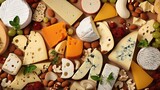 A close-up of various cheeses in full screen mode. An assortment of cheese slices. Illustration for cover, card, postcard, interior design, banner, poster, brochure, advertising, marketing, etc.